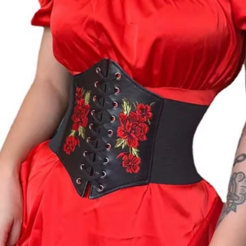 0-2 .EMBROIDERED Lg Belt Closet PU Leather Waistband, Lace-Up Frontal.Dark Brwn